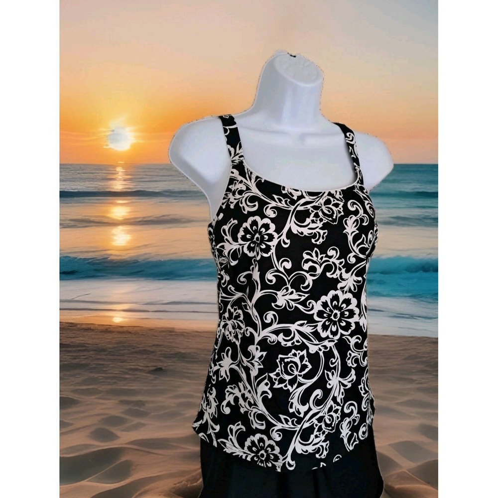 Lands End Tankini Swim Top 6 Black White Floral Adjustable Straps Molded Cups